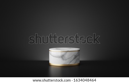 White marble geometric podium with dark black background. 3d rendering - illustration. Royalty-Free Stock Photo #1634048464