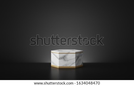 White marble geometric podium with dark black background. 3d rendering - illustration. Royalty-Free Stock Photo #1634048470