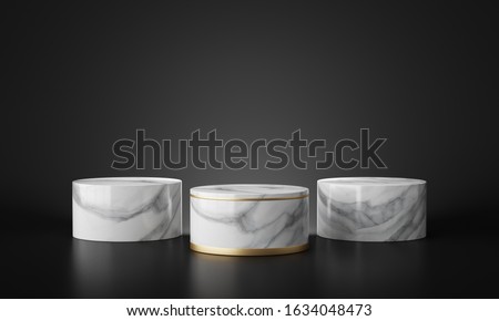 White marble geometric podium with dark black background. 3d rendering - illustration. Royalty-Free Stock Photo #1634048473
