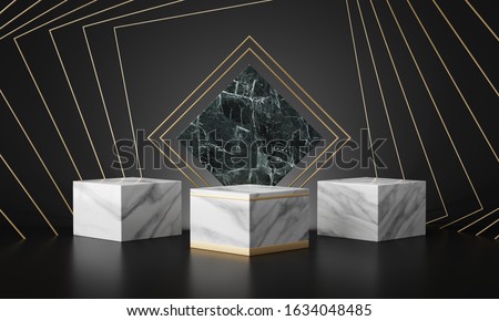 luxury marble geometric podium in dark black background. 3d rendering - illustration. Royalty-Free Stock Photo #1634048485