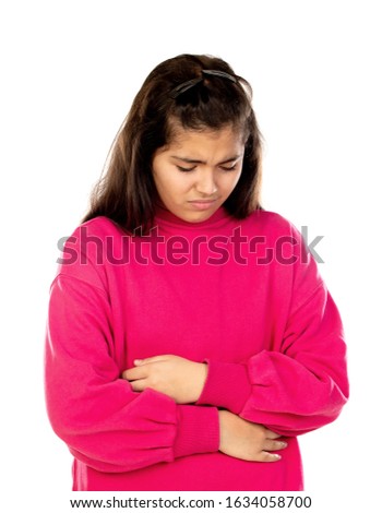 Adorable preteen girl with pink jersey isolated on a white background