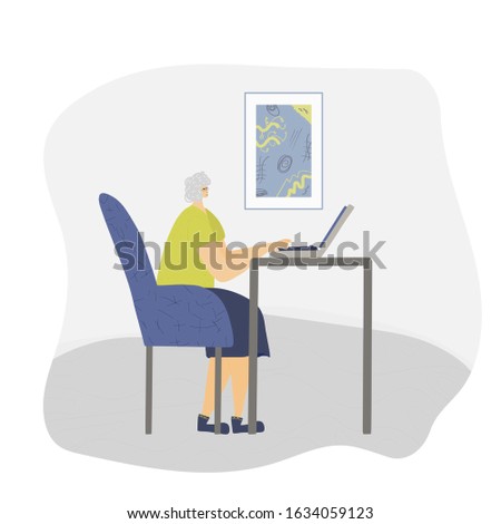 Mature person sitting at laptop and working. Elderly woman freelancers doing their job in her room. Senior lady browsing on internet. Vector flat illustration.