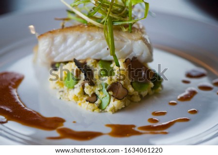 Halibut Fish Filet, plated on white plate and served with sauteed vegetables and topped with onions. Classic American restaurant favorite. 