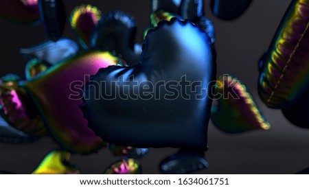 3d render colorful heart balloons with foil texture on the black background with depth of field