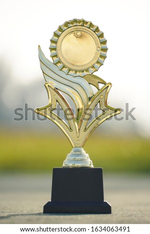 Golden trophy for champion on court with natural lighting.