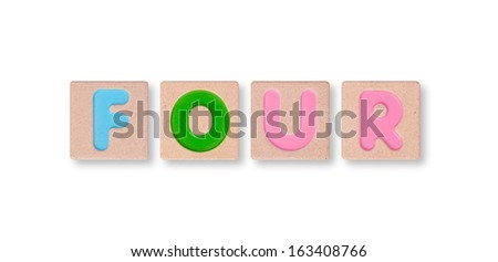 Wording four on wooden block isolated on white background