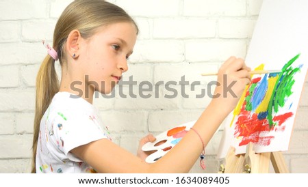Kid Painting on Easel, School Child in Workshop Class, Teenager Girl Working Art Craft