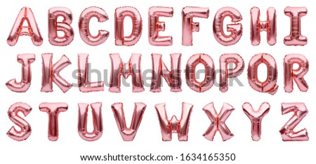 English alphabet made of rose golden inflatable helium balloons isolated on white. Gold pink foil balloon font, full alphabet set of upper case letters.