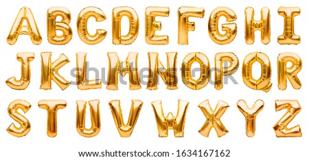 English alphabet made of golden inflatable helium balloons isolated on white. Gold foil balloon font, full alphabet set of upper case letters.
