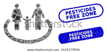 Mosaic family area and corroded stamp seals with Pesticides Free Zone text. Mosaic vector family area is designed with randomized rectangle items. Pesticides Free Zone stamp seals use blue color,
