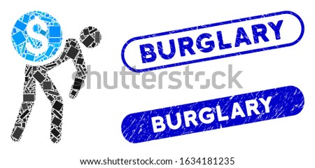 Collage financial courier and corroded stamp seals with Burglary phrase. Mosaic vector financial courier is designed with scattered rectangle items. Burglary stamp seals use blue color,