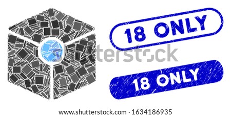 Mosaic cube vertex and corroded stamp seals with 18 Only text. Mosaic vector cube vertex is composed with random rectangle items. 18 Only stamp seals use blue color, and have round rectangle shape.