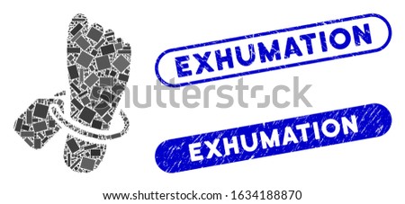 Collage morgue tagged foot and rubber stamp seals with Exhumation phrase. Mosaic vector morgue tagged foot is designed with randomized rectangle items. Exhumation stamp seals use blue color,