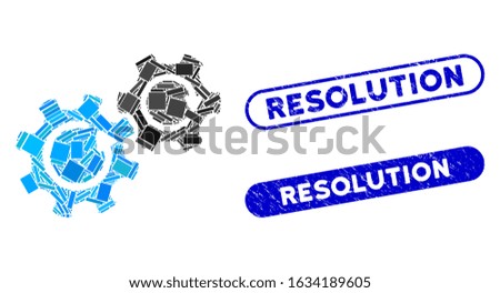 Mosaic gears rotation and rubber stamp watermarks with Resolution text. Mosaic vector gears rotation is created with random rectangle items. Resolution stamp seals use blue color,