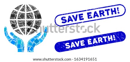 Collage global hands and distressed stamp seals with Save Earth! phrase. Mosaic vector global hands is created with randomized rectangle items. Save Earth! stamp seals use blue color,