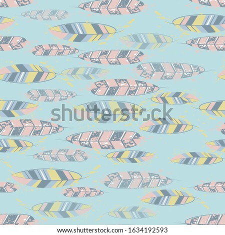Abstract feathers for print design. Vintage line art colorful seamless pattern.Feather illustration. Beautiful template for fabric design. Textile design texture. Wallpaper background. 