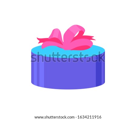 Round gift box with pink bow, wedding presents packaging in blue color. raster giftbox with surprise, paperbox with satin tape, isolated icon on white