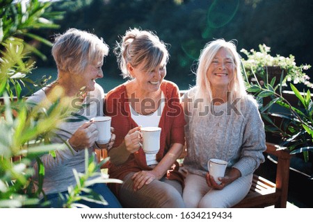 Senior women friends with coffee sitting outdoors on terrace, resting. Royalty-Free Stock Photo #1634219434