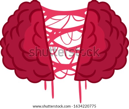 Human brain. Cut organ with pink slime. Funny object. Right and left hemispheres of head. Medical operation. Cartoon flat illustration