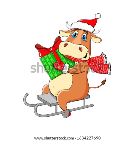 Year of the bull 2021. Year of ox. Funny Cow. Funny Bull in a hat with a gift on a sled. New year and merry christmas illustration.  Bull zodiac symbol of the year 2021.
