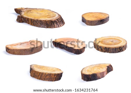 Side view of rustic wooden log stem cutting boards isolated on white background. graphic resources  Royalty-Free Stock Photo #1634231764