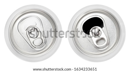 Top view of closed and opened aluminium cans, isolated on white background Royalty-Free Stock Photo #1634233651