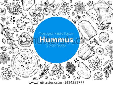 Hummus cooking and ingredients for hummus, sketch illustration. Middle eastern cuisine frame. Healthy food, design elements. Hand drawn, package design. Mediterranean food. Vegan menu Royalty-Free Stock Photo #1634253799