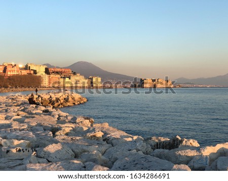 Naples seaside Vesuvius vulcanus and castle view Royalty-Free Stock Photo #1634286691