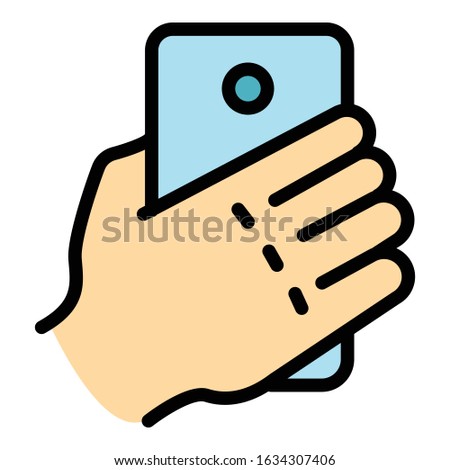 Smartphone hand selfie icon. Outline smartphone hand selfie vector icon for web design isolated on white background