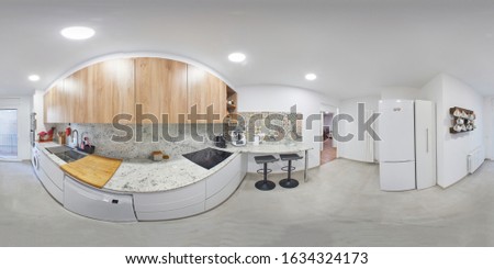 360 equirectangular photography, is a modern kitchen, with new appliances