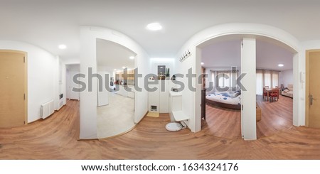 360 equirectangular photography, of the entrance of a flat, in the passage, all the rooms are seen