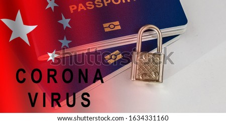 Coronavirus 2019-nCoV epidemic. China closing borders and restricted access. Chinese visa closeup with stamp mark Cancelled by 2019-nCoV and overlaid by flag. Chinese tests mean VISA details