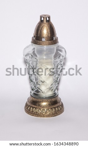 Memorial candle snitch. Cemetery lamp. Lantern Light Isolated. Celebrating All Saints Day. Isolated on white background. Gold yellow.