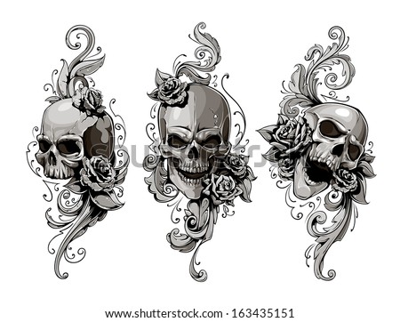 Skulls with floral patterns vector set. Vector illustration.