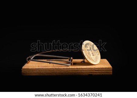 Bitcoin coin in a mousetrap isolate on a black background. Stock photo bitcoin news.