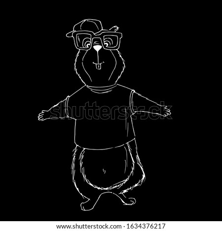 Cute white silhouette of a groundhog with glasses on a black background cartoon hand drawn vector illustration. Can be used for t-shirt print, kids wear fashion design, baby shower invitation card