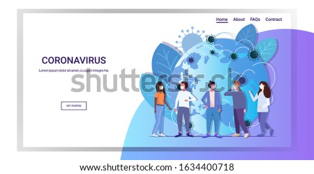 people group in protective masks epidemic MERS-CoV coronavirus flu spreading of world floating influenza concept wuhan 2019-nCoV pandemic medical health risk full length horizontal copy space vector Royalty-Free Stock Photo #1634400718