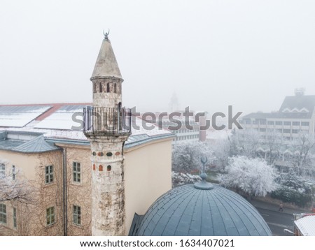 Mosque with a minaret in Pecs, Hungary at winter
