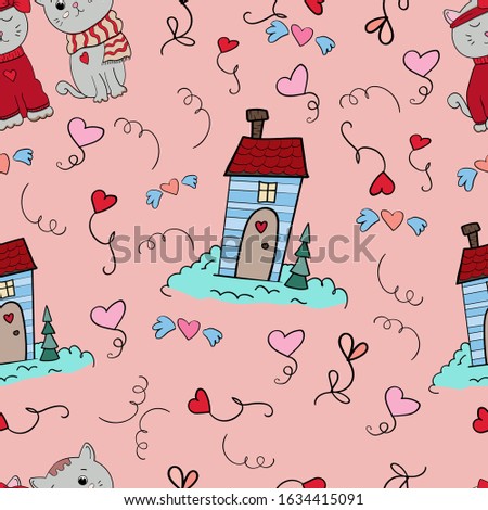 Seamless pattern Wedding or Valentine's Day. Romantic texture with cats and a house Designer texture. Love symbols Vector illustration on pink color backgrounds