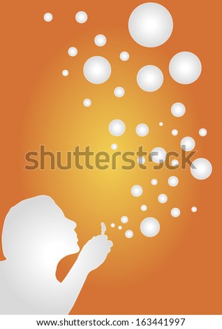 Vector illustration with a silhouette of a girl blowing soap bubbles.