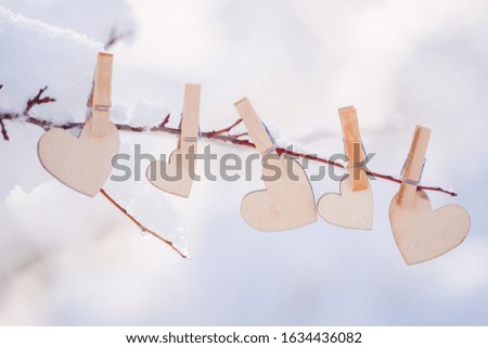 a garland of wooden hearts hangs on a snow-covered branch. The concept of Valentine's Day .