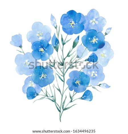 Blue flax flowers. Watercolor illustration on white background.