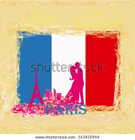 couple in love in Paris - vintage card , flag in the background