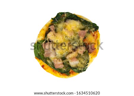 Small mini pizza with spinach, becon and cheese isoleted on white background. Top views