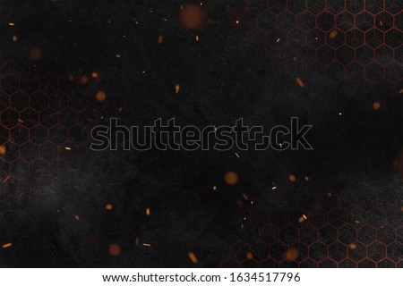 Dark Background with Red Hexagons and Fire Sparks