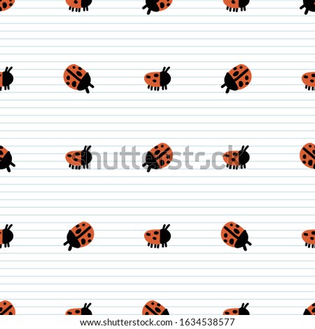 Cute naive ladybug bug seamless vector pattern. Hand drawn red spotted wildlife insect on striped background. Critter entomology home decor. Ecology, ladybird all over print. 
