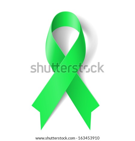 Kidney cancer awareness green ribbon on white background.
