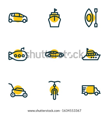 Vector illustration of 9 transport icons line style. Editable set of bicycle, ship, medium car and other icon elements.