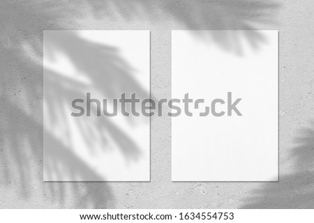 Two empty white vertical rectangle poster or business card mockups with with palm leaves shadows on soft grey concrete background. Flat lay, top view. 