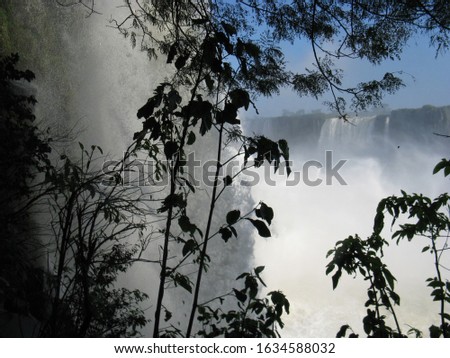 Mist rises from Iguazu falls into the rainforest.